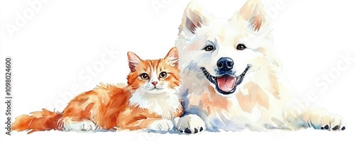 A friendly cat and dog lay together, showcasing their companionship in a charming, colorful illustration.