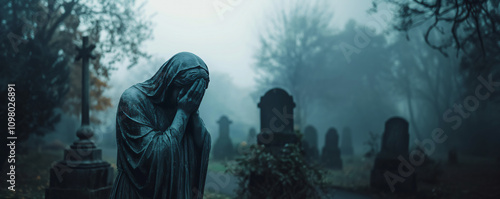 Marble statue of grieving mother,wife and woman, memorial plaque monument on sunny cemetery background. Banner template sadness, hope architecture for death ceremony, funeral services copyspace photo