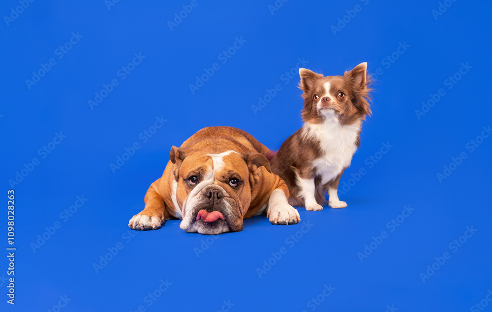 Obraz premium English Bulldog and Chihuahua Dog Portrait on Blue Background
