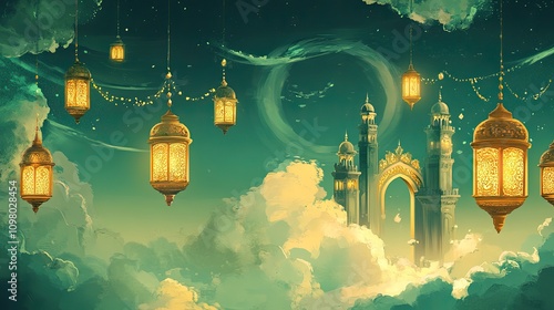 Magical glowing lanterns illuminate a majestic mosque nestled in clouds under a crescent moon. photo