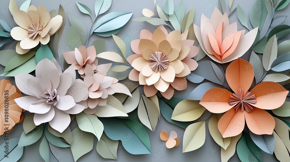 Pastel paper flowers and leaves arrangement. (1) Pastel paper flowers and leaves arrangement. (1)