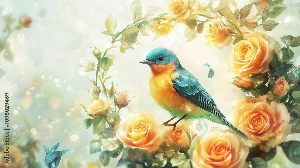 Obraz premium Yellow bird perched on peach roses in a wreath.