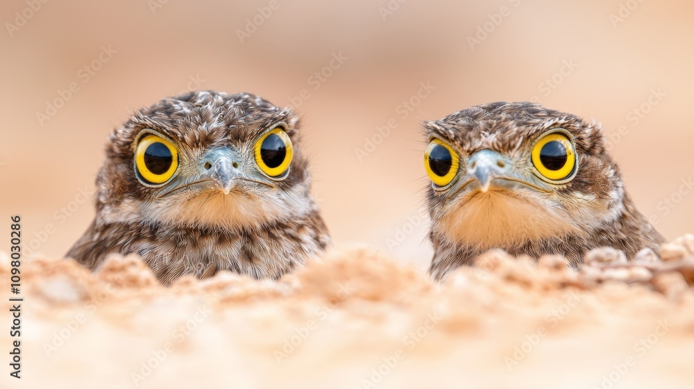 A couple of owls sitting on top of a sandy ground A couple of owls sitting on top of a sandy ground