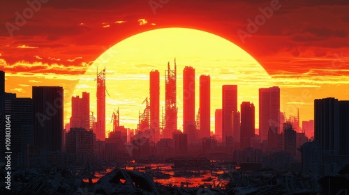 A vibrant sunset casts a golden glow over a city skyline, featuring tall buildings silhouetted against the colorful sky.