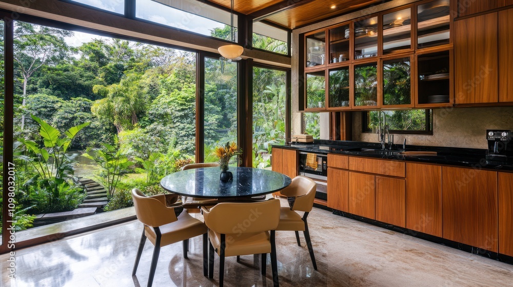 Fototapeta premium Modern kitchen with jungle view.