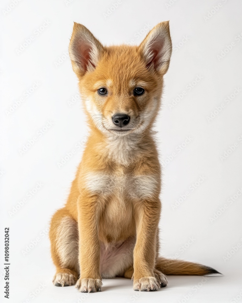 Fototapeta premium the baby Dingo, portrait view, white copy space on right, Isolated on white Background