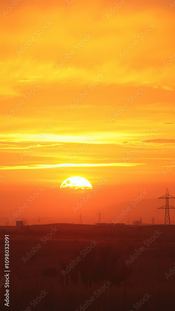 Fototapeta premium Vibrant oranges and yellows create a stunning gradient effect in the western sky, gradient effect, sun setting