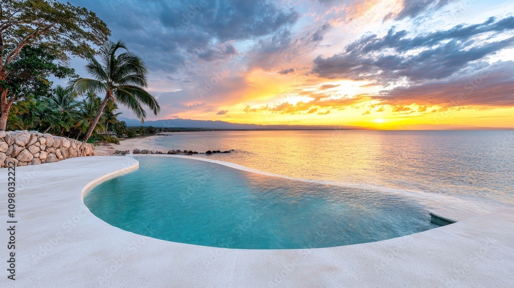 Fototapeta premium A swimming pool on the beach with a sunset in the background