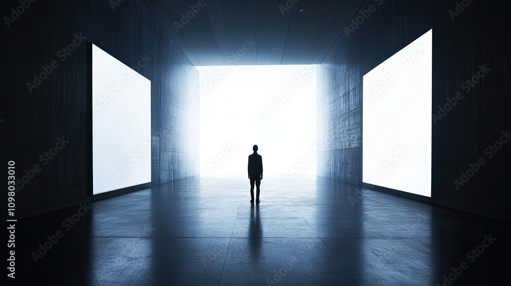 Man Stands Silhouetted Between Two Bright White Screens Man Stands Silhouetted Between Two Bright White Screens