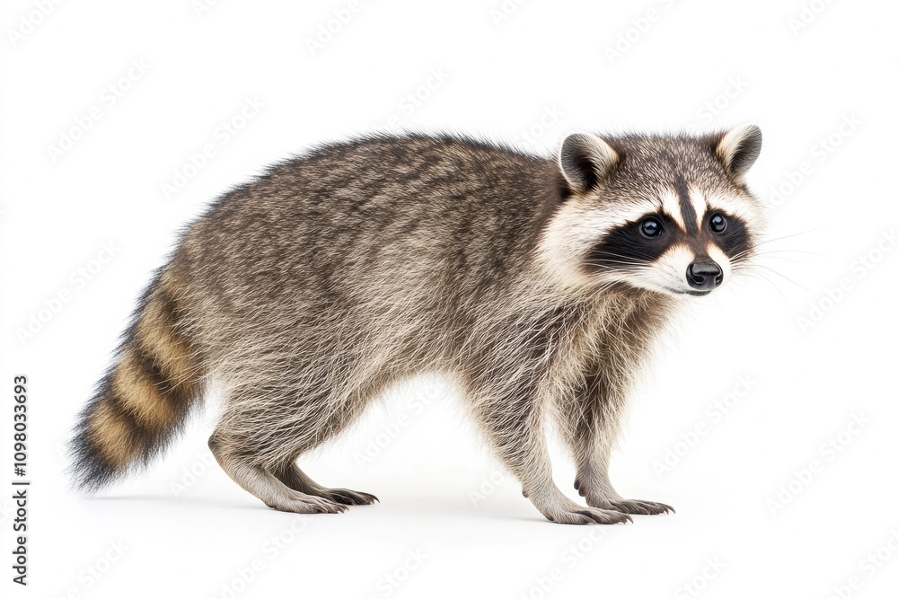 Fototapeta premium the beside view Common Raccoon standing, left side view, low angle, white copy space on right, Isolated on White Background