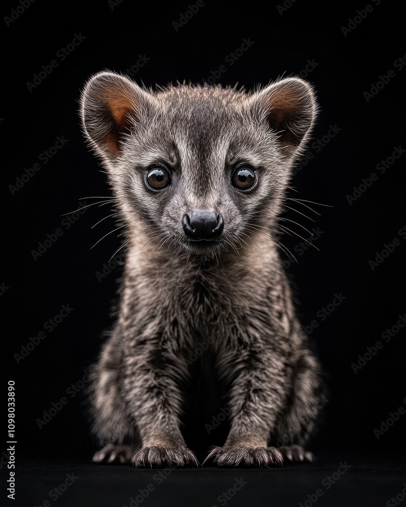 Obraz premium the babyAfrican Civet front view, white copy space on right, Isolated on black Background