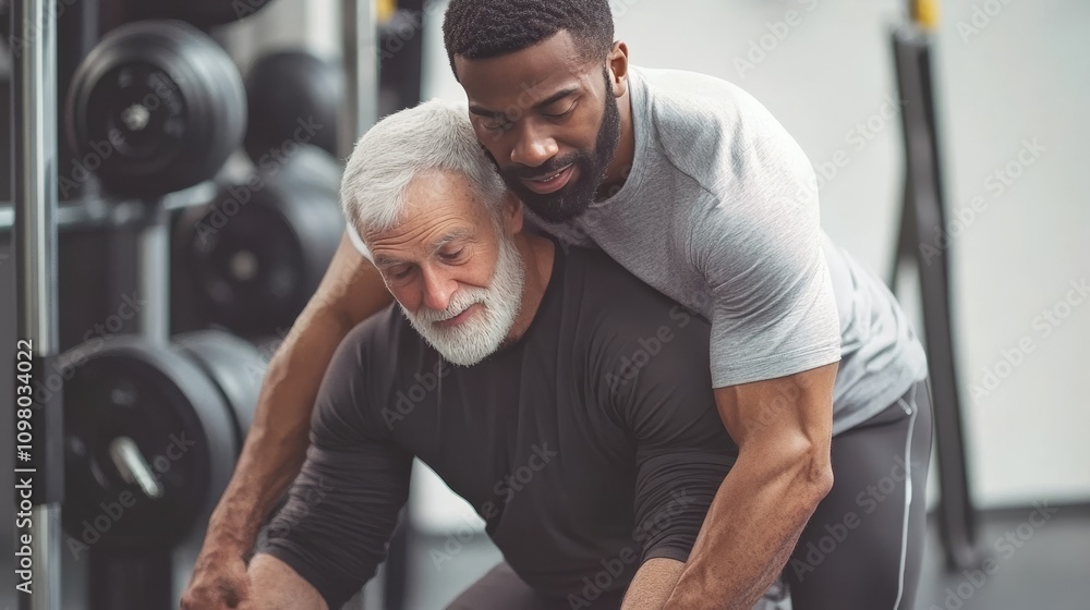 Personal trainer guiding senior man through workout exercises in a gym, offering support and expertise for safe and effective fitness training Personal trainer guiding senior man through workout exercises in a gym, offering support and expertise for safe and effective fitness training