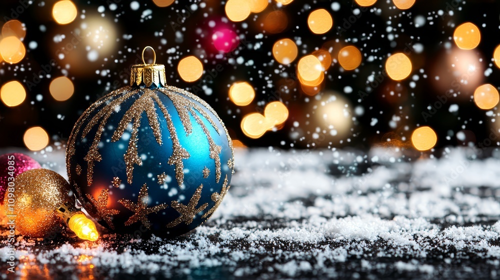 A blue and gold christmas ornament sitting on top of snow covered ground A blue and gold christmas ornament sitting on top of snow covered ground
