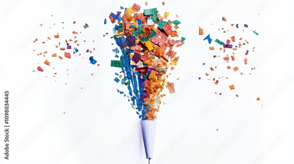 Obraz premium Popper striped cone with confetti, holiday party firecracker. Isolated vector birthday shooters eject a burst of colorful paper or foil, spreading cheer and creating a festive