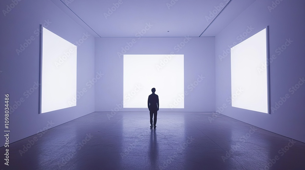 A lone figure observes illuminated blank canvases in a minimalist gallery A lone figure observes illuminated blank canvases in a minimalist gallery
