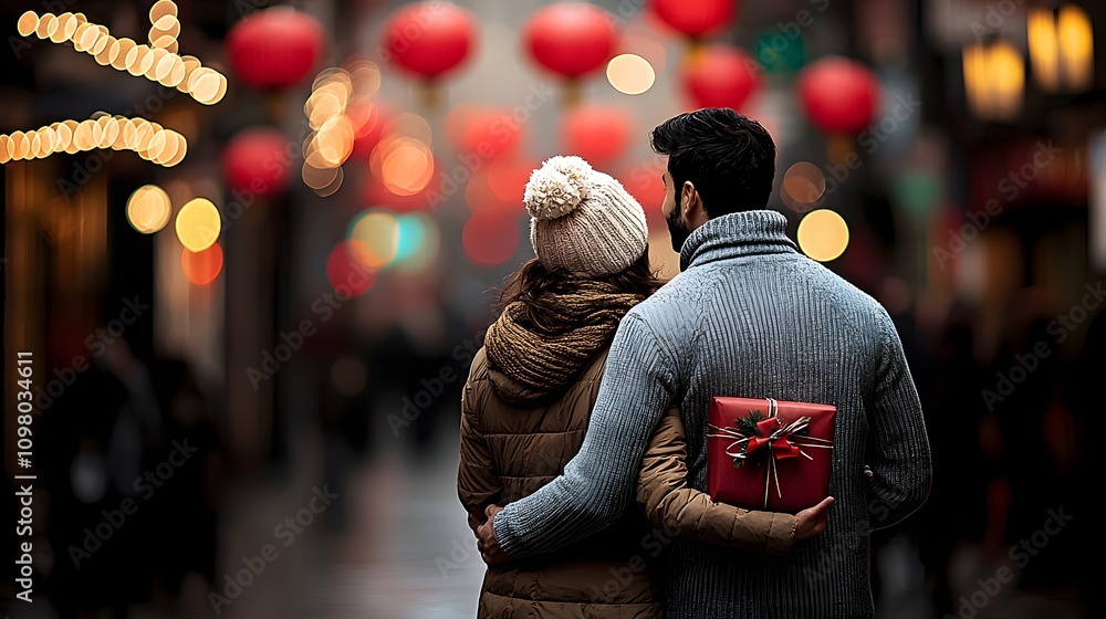 Fototapeta premium A Romantic Moment: Couple in Love Exchanging Gifts Under Festive Red Lanterns for Celebration. Chinese New Year 2025 Concept