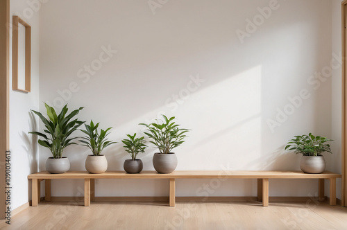 Japandi hallway with light wood flooring, a simple wooden bench, and a few small plants in ceramic pots.