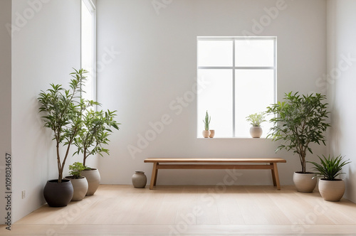 Japandi hallway with light wood flooring, a simple wooden bench, and a few small plants in ceramic pots.