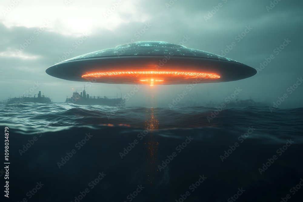 Obraz premium A glowing UFO descends into a bioluminescent underwater environment, with faint outlines of a hidden underwater facility in the distance, blending mystery and futuristic sci-fi. 