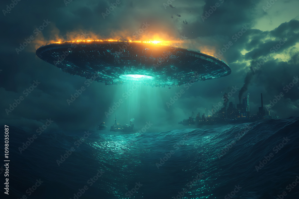 Obraz premium A glowing UFO descends into a bioluminescent underwater environment, with faint outlines of a hidden underwater facility in the distance, blending mystery and futuristic sci-fi. 