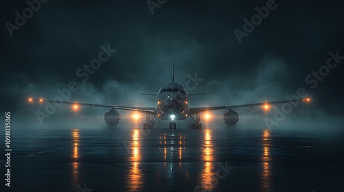 An airplane stands ready for departure on a dark runway with mist swirling around, illuminated by its bright landing lights in the night photo