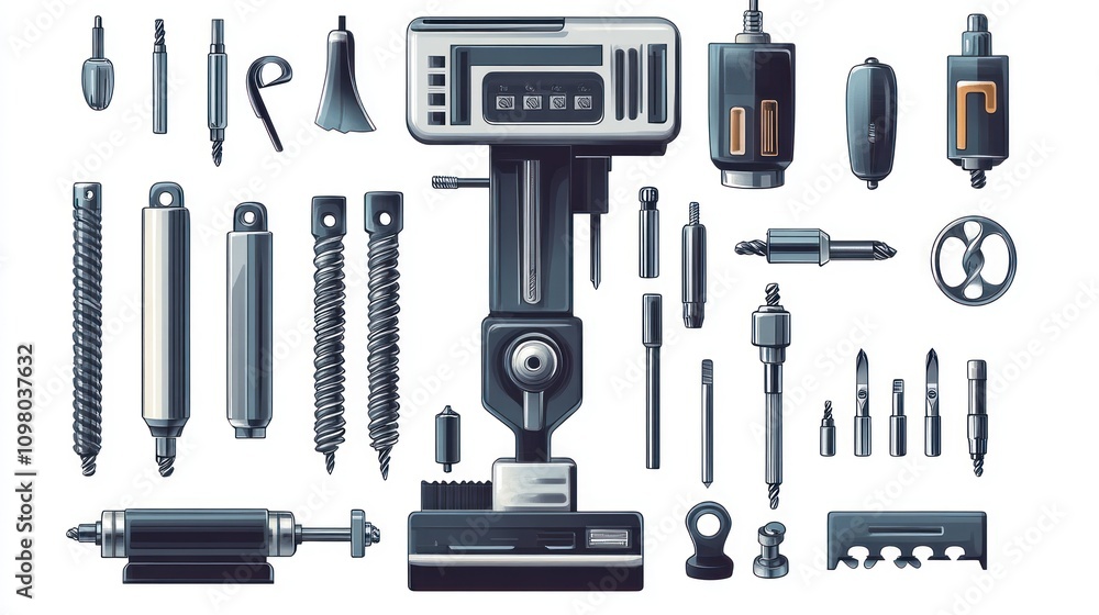 Fototapeta premium Industrial Machine Tools Illustration: Precision Drilling Equipment and Accessories