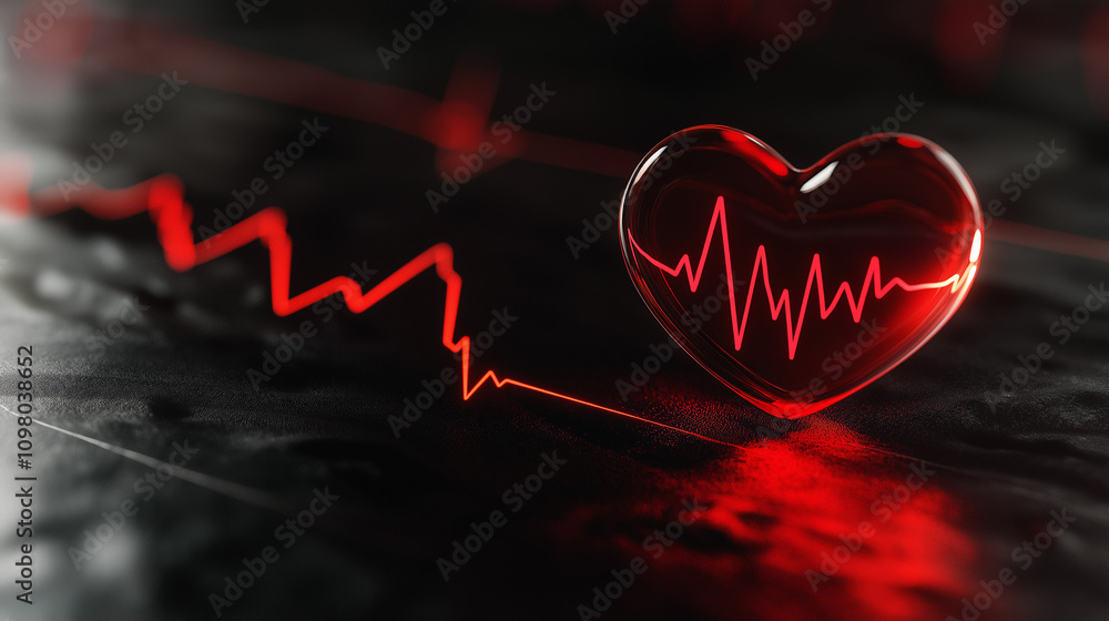 Fototapeta premium A glowing heart shape with an electrocardiogram line pulsating rhythmically in a dark background representing life and vitality.