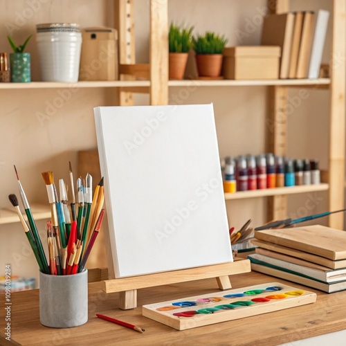 Canvas artwork mockup placed on a wooden shelf in a creative studio or craft room with tools and art supplies scattered around