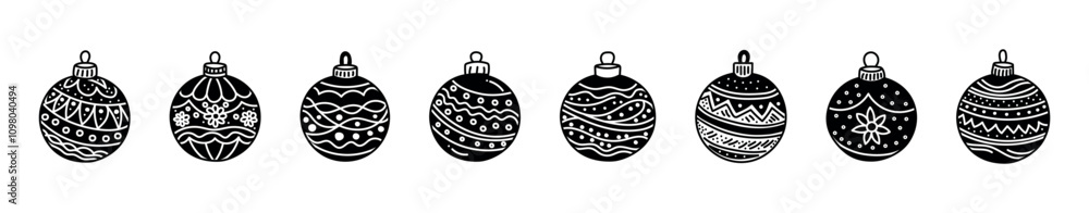 Obraz premium Set of various black and white Christmas ornaments with intricate patterns and designs on white background. Concept of holiday decorations, baubles, festive coloring, Christmas balls, craft templates