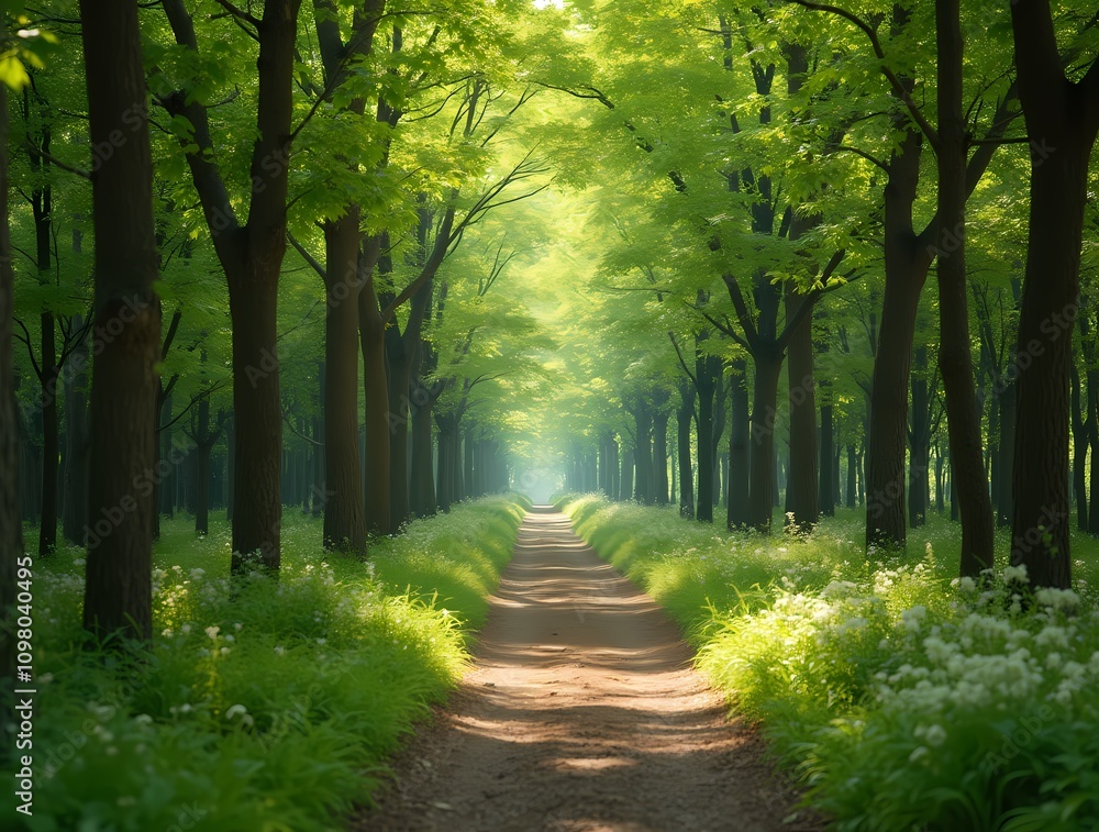 Path in green spring beech forest, beautiful natural tunnel Path in green spring beech forest, beautiful natural tunnel