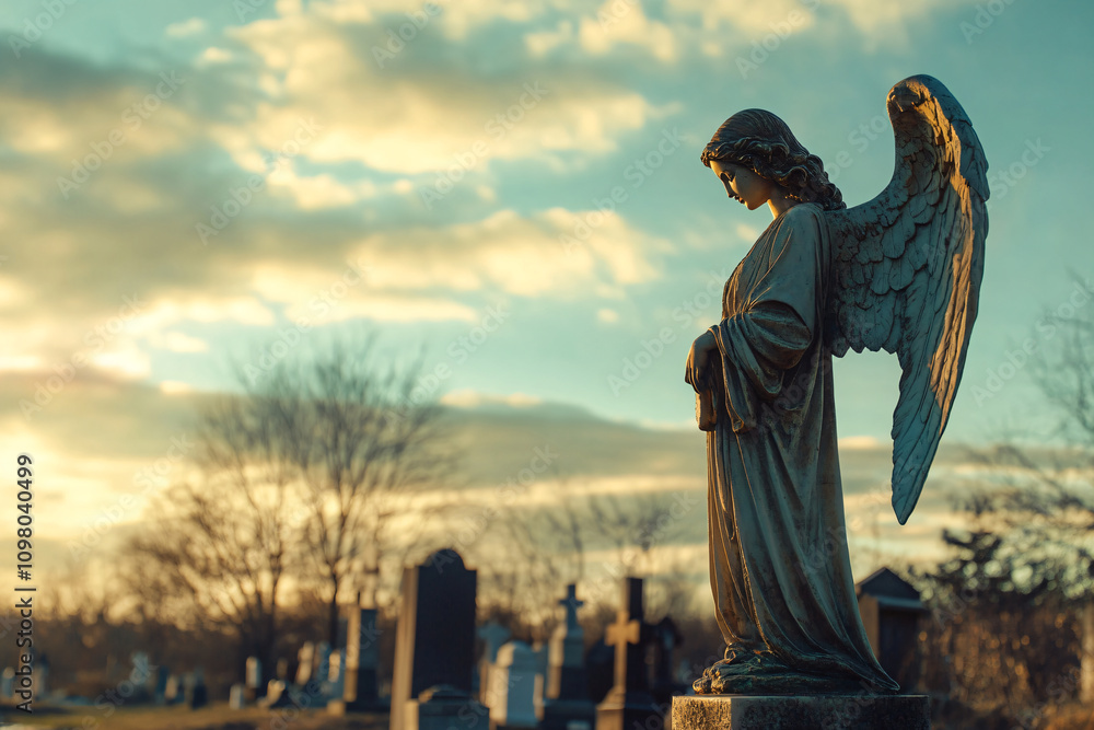 Fototapeta premium Marble statue of grieving angel, memorial monument slab on sunny cemetery background. Backdrop template of sadness, hope, religious architecture for death ceremony and funeral services copyspace