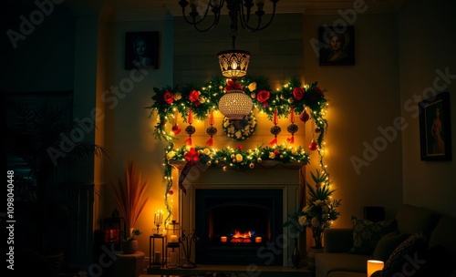 Interior of a home decorated for diwali with lights flowers and hanging ornaments christmas fireplace design holiday celebration decoration photo