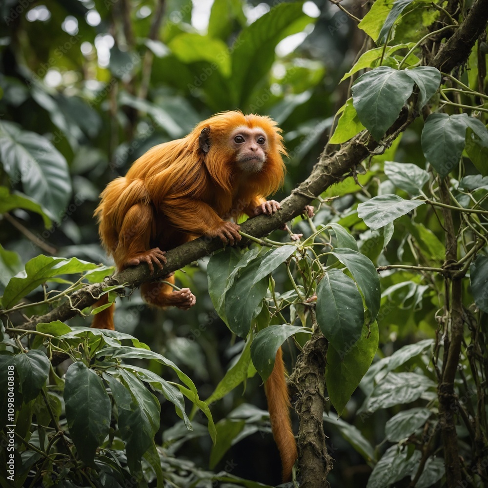 Obraz premium A tiny golden lion tamarin climbing on liana vines.