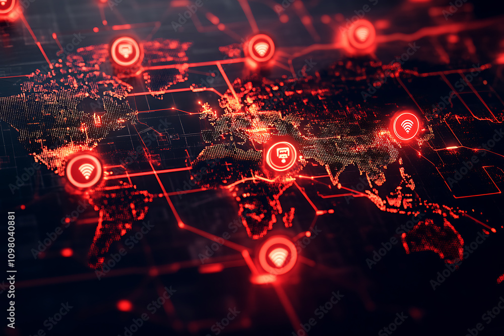 Fototapeta premium A glowing digital world map with red warning symbols indicating cyberattacks, representing global cybersecurity challenges and risks. 