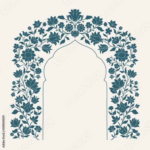Mughal decorative ornamental floral arch. Vintage intricate traditional mughal style with flowers and foliage.