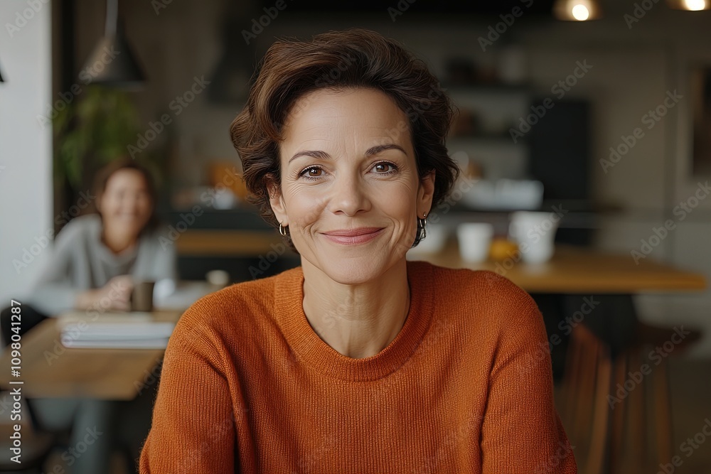 Smiling woman in orange sweater enjoys a cozy cafe atmosphere with a friend in the background Smiling woman in orange sweater enjoys a cozy cafe atmosphere with a friend in the background