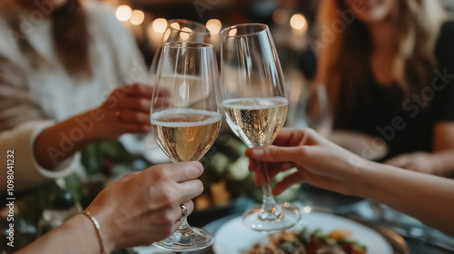 Elegant hands of friends toasting with glasses of champagne