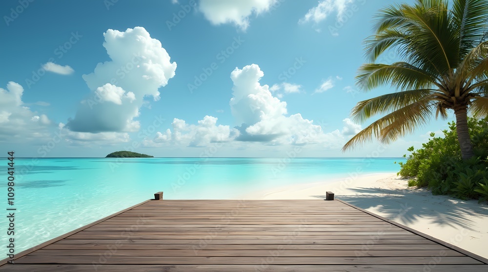Fototapeta premium Wooden decking on the beach of a desert island in the tropics