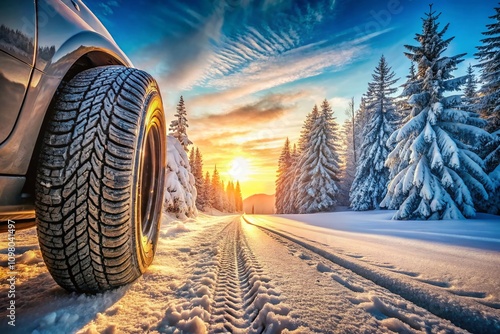 Wallpaper Mural Winter Landscape with Detailed Car Tires on Snowy Road, Capturing the Essence of Winter Driving Conditions and the Importance of Winter Tires for Safety and Performance Torontodigital.ca
