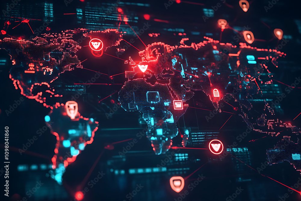 Fototapeta premium A glowing digital world map with red warning symbols indicating cyberattacks, representing global cybersecurity challenges and risks. 