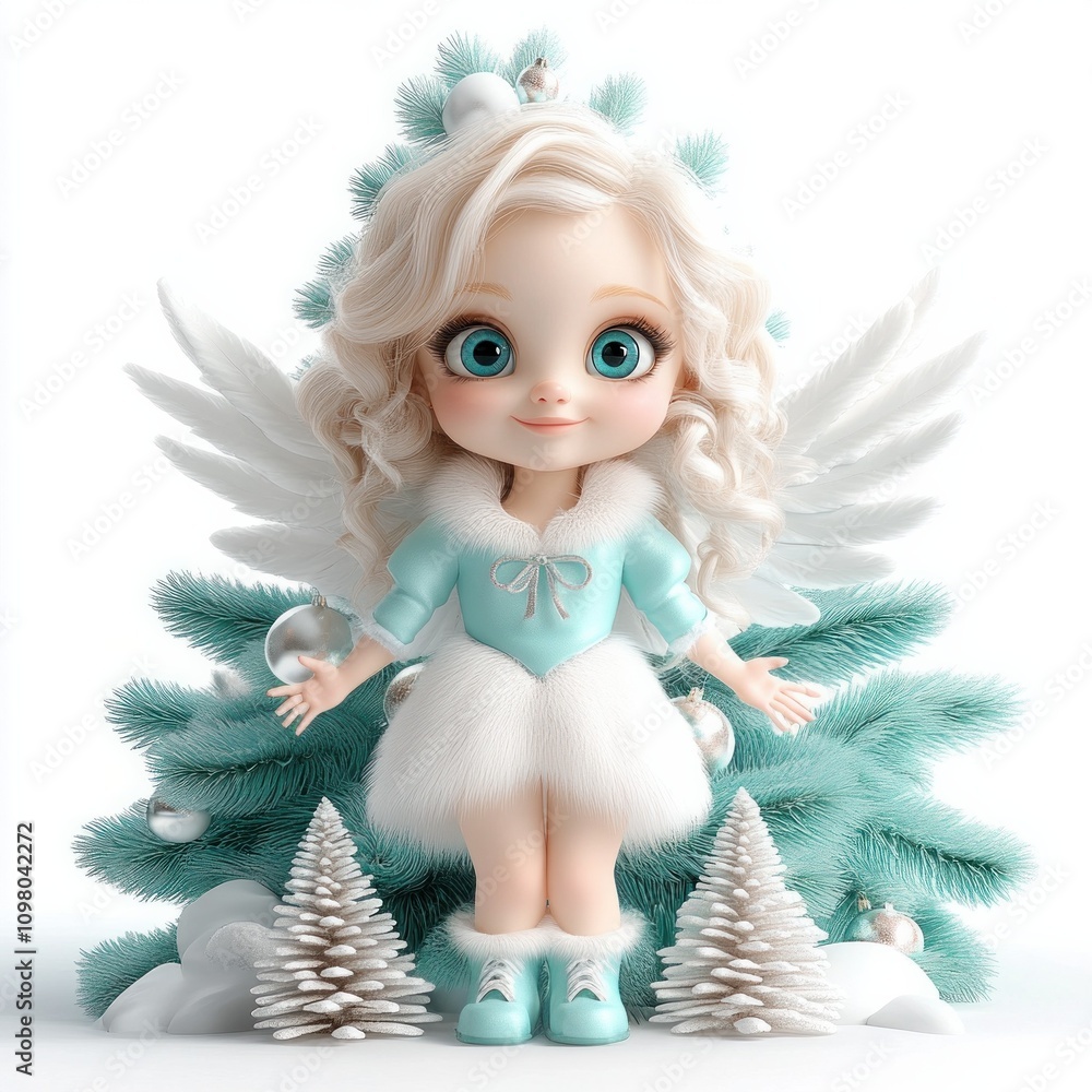 3D cartoon angel in festive Christmas decor. Perfect for holiday designs, greeting cards, and seasonal campaigns. Isolated white background emphasizes the charming winter theme 3D cartoon angel in festive Christmas decor. Perfect for holiday designs, greeting cards, and seasonal campaigns. Isolated white background emphasizes the charming winter theme