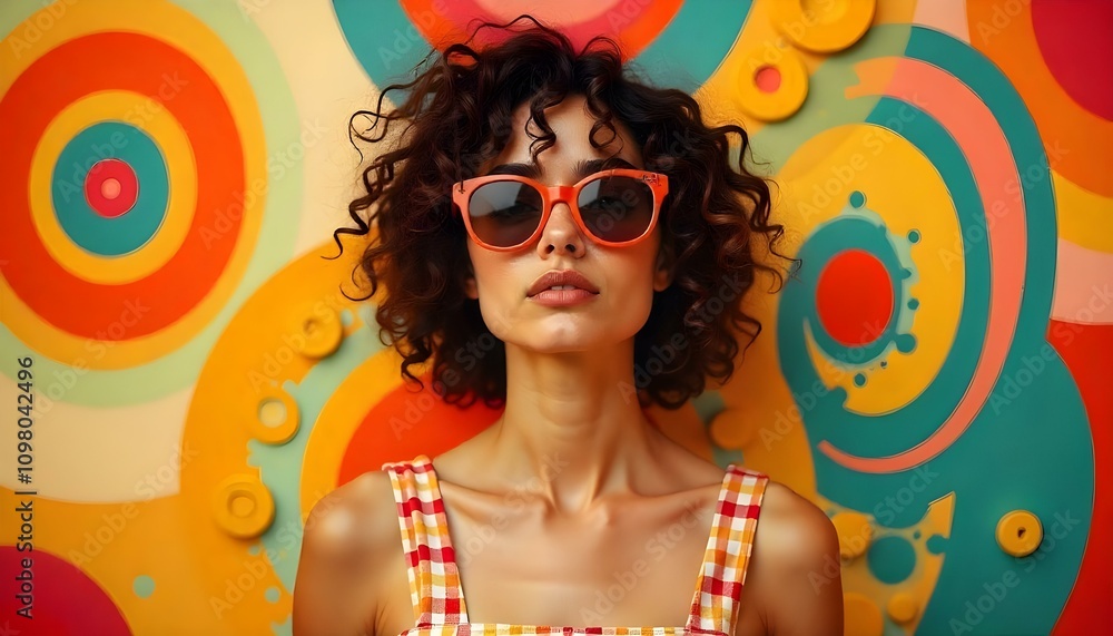 woman, colorful, checkered, dress, sunglasses, retro, popart, style, vibrant, bold, dynamic, playful, whimsical, vintage, artistic, swirling, background, circles, squares, geometric, artisticstyle woman, colorful, checkered, dress, sunglasses, retro, popart, style, vibrant, bold, dynamic, playful, whimsical, vintage, artistic, swirling, background, circles, squares, geometric, artisticstyle