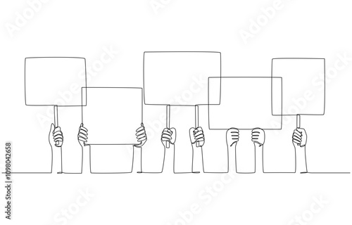 Continuous one line drawing of close up of hands holding signs, protest or demand for accountability concept, single line art.