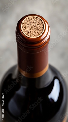 Close-up view of a wine bottle neck with cork seal, showcasing the intricate texture and rich colors of the bottle's top, symbolizing quality and craftsmanship.