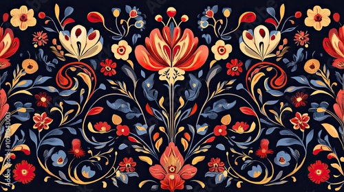 Ornate Floral Pattern with Red, Yellow, and Blue Flowers on a Black Background