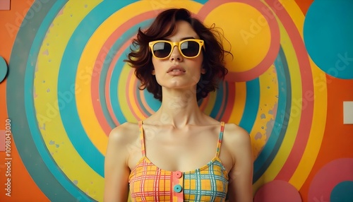 woman, colorful, checkered, dress, sunglasses, retro, popart, style, vibrant, bold, dynamic, playful, whimsical, vintage, artistic, swirling, background, circles, squares, geometric, artisticstyle