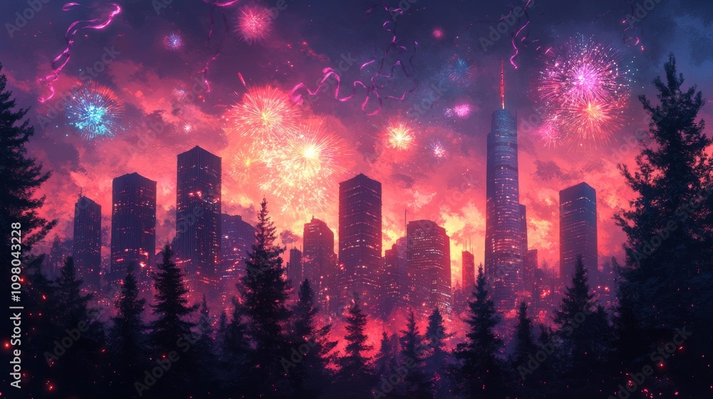 Obraz premium City skyline fireworks illuminate nighttime trees and buildings, perfect for New Years Eve or city celebration event promotions. Suitable for advertisement or marketing materials