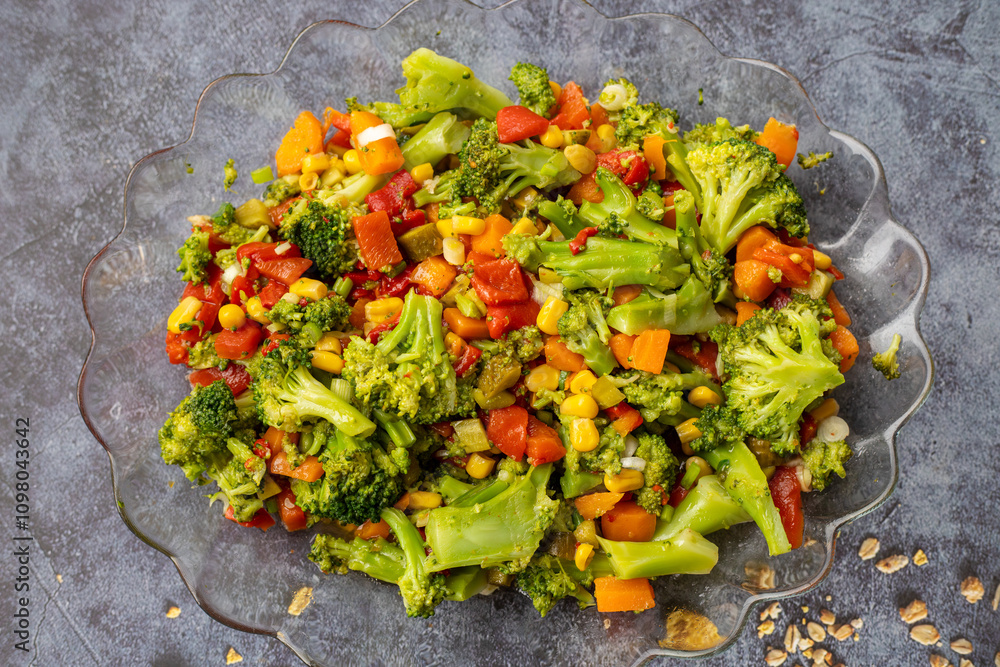 Homemade fresh boiled vegetables, broccoli, carrots, corn, pickled cucumbers and capia pepper healthy nutrition lifestyle concept.