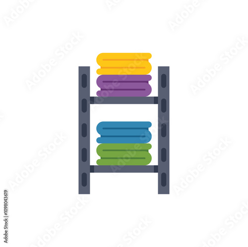 This vector illustration features a metal storage shelf holding folded towels, perfect for projects related to home organization