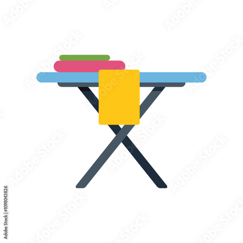 Illustration of a blue ironing board with folded clothes on it, isolated on a white background